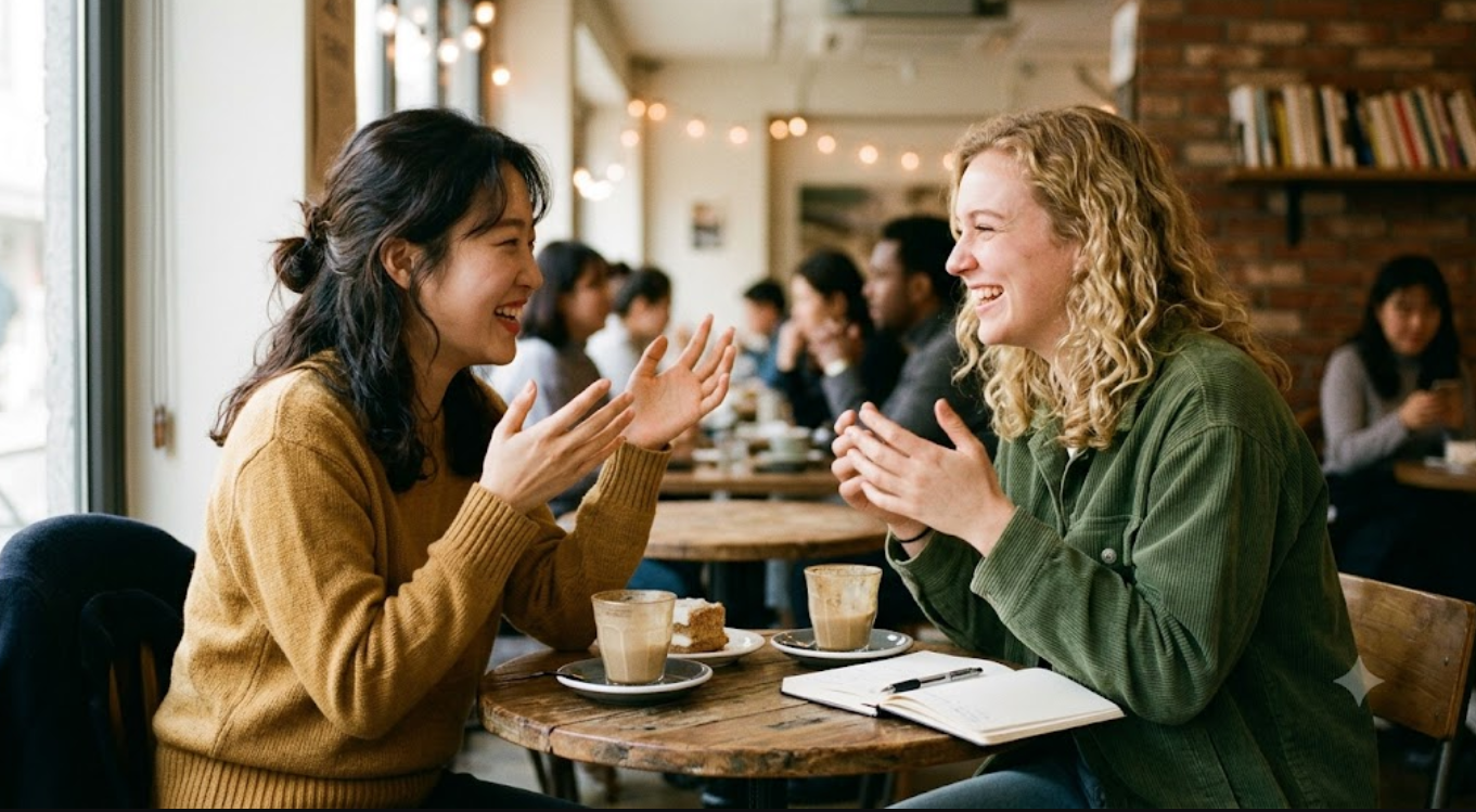 A Korean woman and a foreign friend having a lively, natural conversation over coffee in a cozy cafe