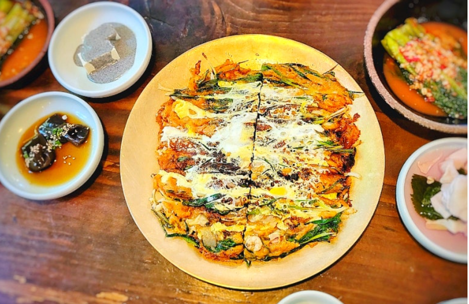 Traditional Dongnae Pajeon green onion pancake with seafood near Dongnae Hot Springs in Busan